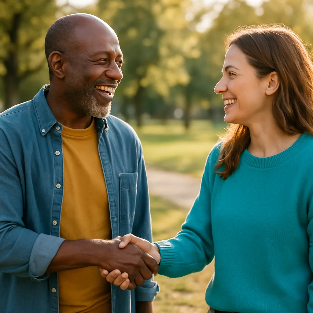 Two people meeting at a local park — genuinely local Jersey dating
