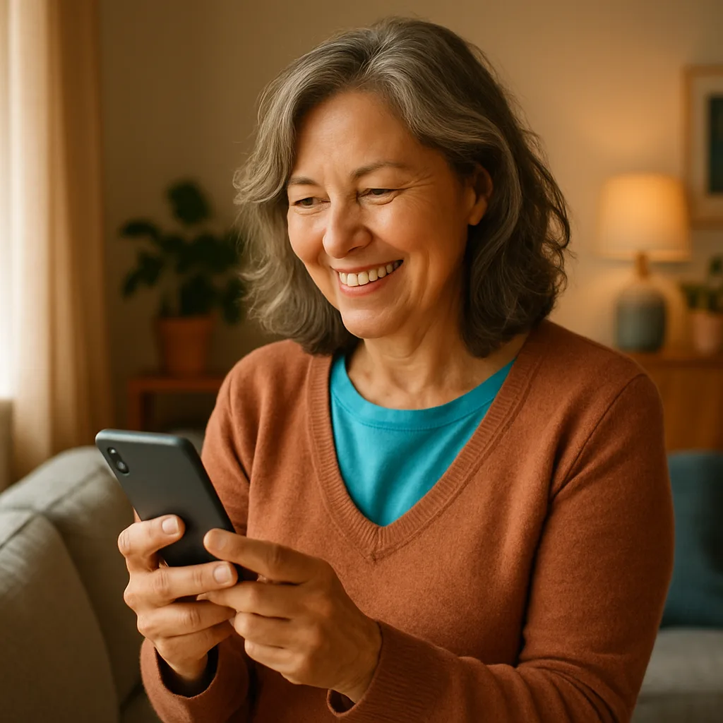 Smiling woman confidently checking her phone — verified profiles on The Jersey Dating Site